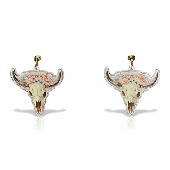 Sable & Red Jewelry - Pink and White Floral Bull Skull with Flowers Roses Resin Earrings